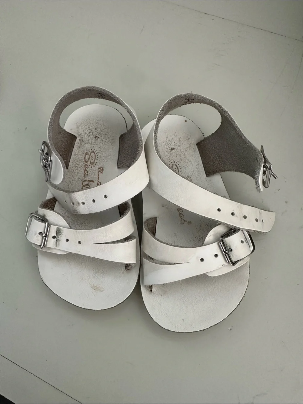 White Kids Double Buckle Leather Sandals